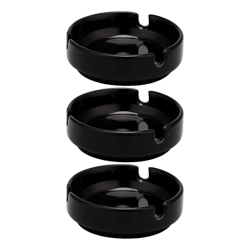 Kit 3 Cinzeiro Porcelana Preto Cinzeiros Redondo Liso Hotel