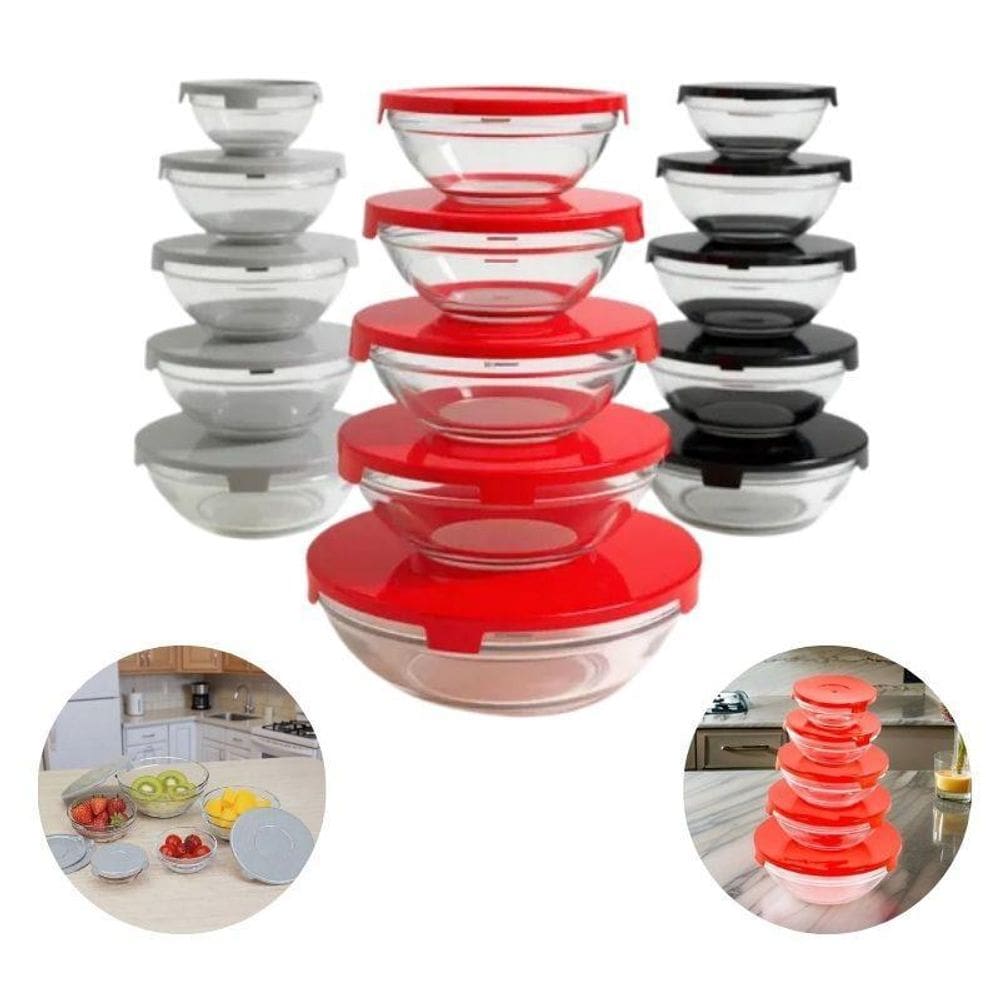 Jogo 5 Potes De Vidro C/Tampa 120Ml/200Ml/330Ml/450Ml/900Ml