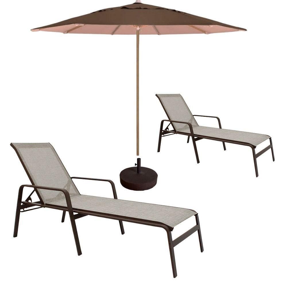 Kit 2 Espreguiçadeiras Piscina Sevilha + Guarda Sol Praia Com Base Capuccino