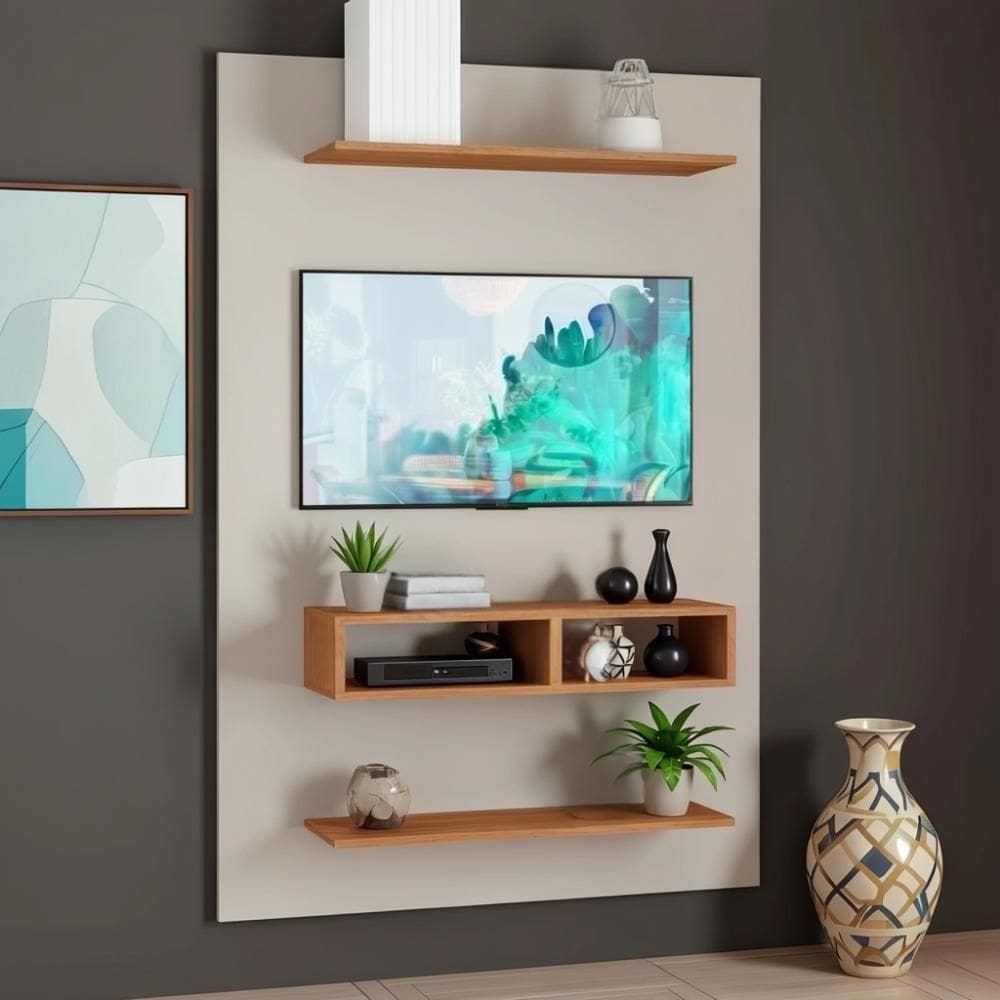Painel Para Tv Até 50 Polegadas Com Nicho E Prateleiras - Off White-Mel