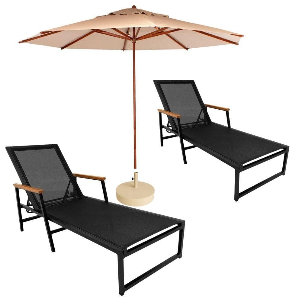 Kit 2 Espreguiçadeiras Confortável Reclinável Piscina Jardim + Ombrelone Bege Escuro