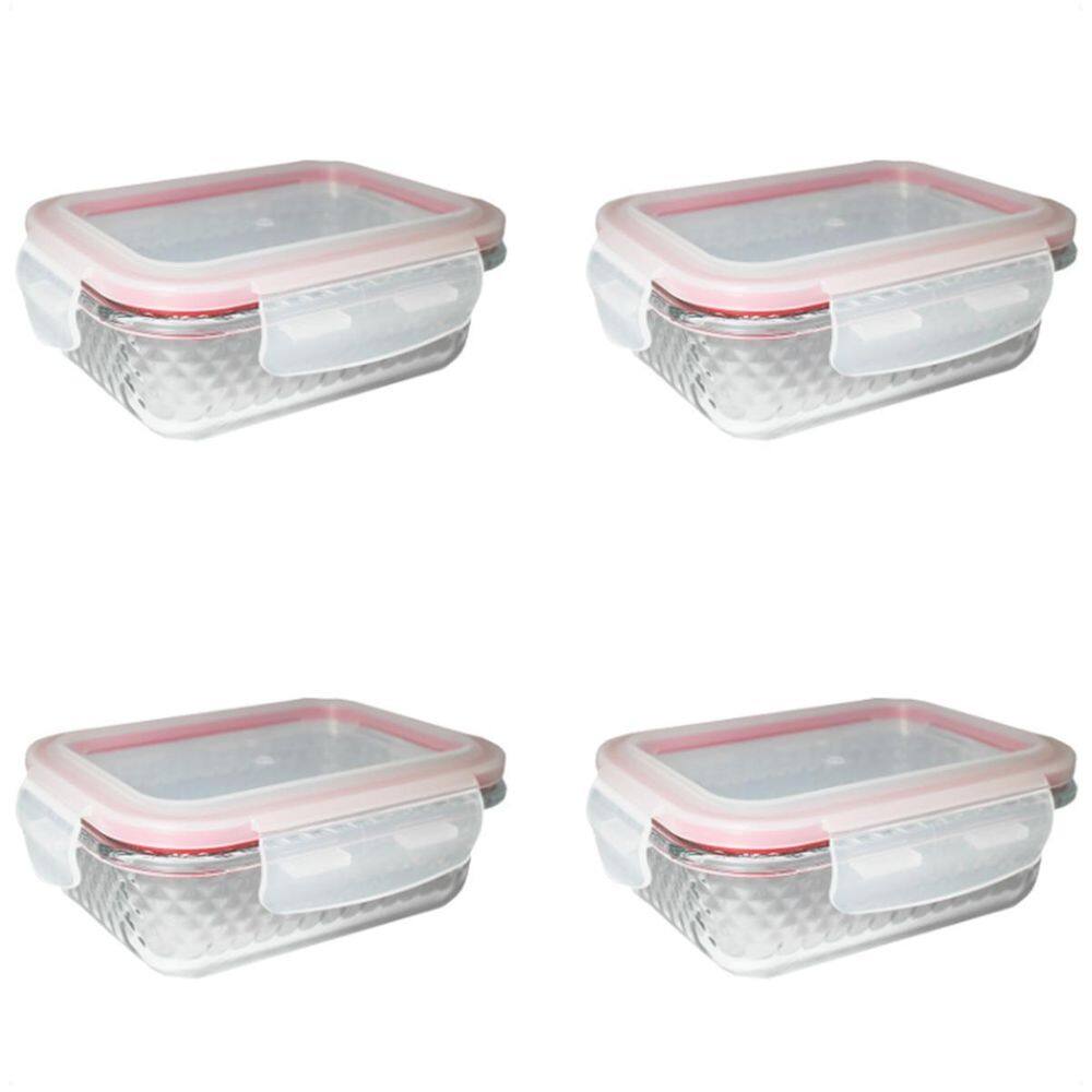 4 Potes De Vidro Diamond Retangular 370Ml Vermelho Hermético