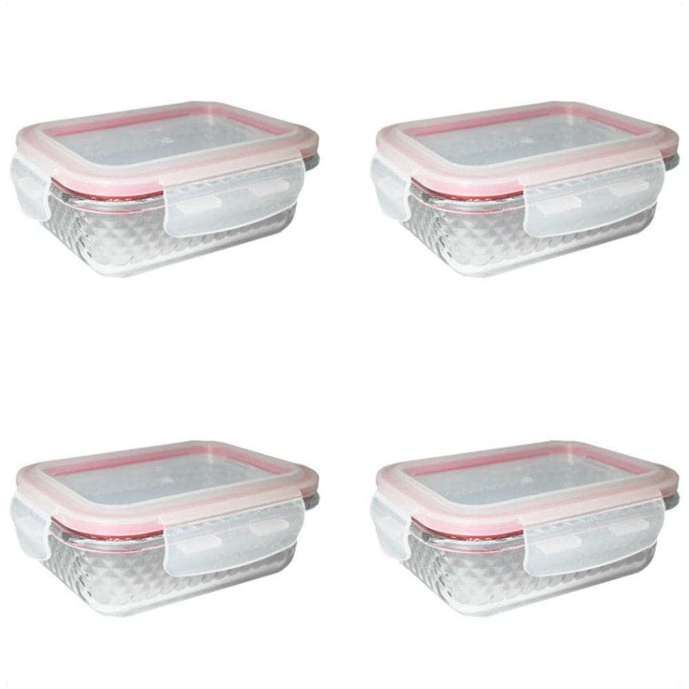 4 Potes De Vidro Diamond Retangular 370Ml Vermelho Hermético