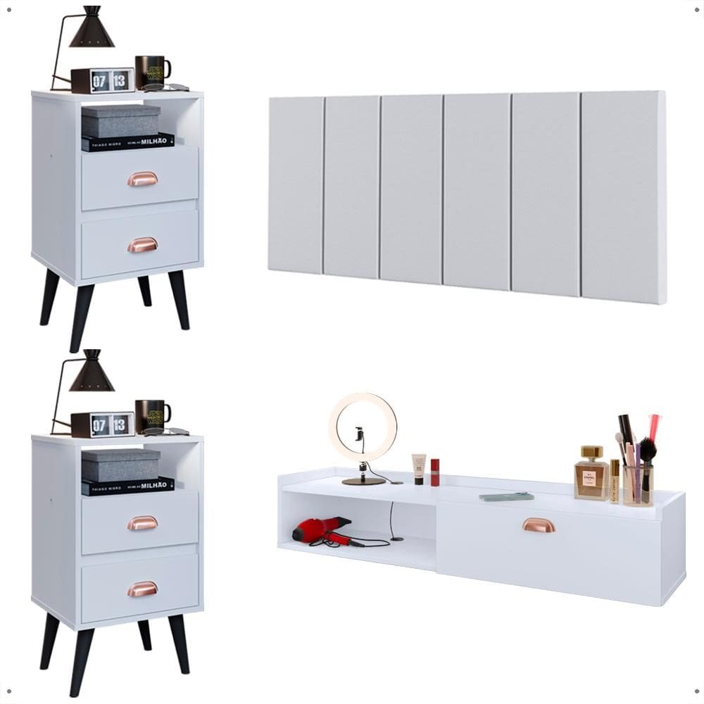 Kit 2 Mesas Cabeceira Penteadeira Suspensa Classic Branco Cabeceira Júlia 1,60 Cama Box Queen Size Corino - Lojas RPM