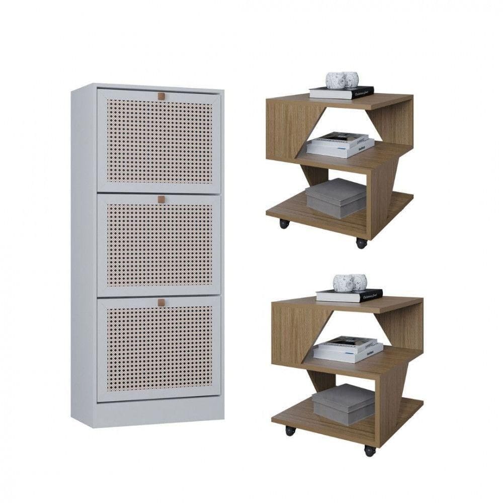 Kit Sapateira Spin Tropical 3 Portas E 2 Mesas De Cabeceira Carvalho/branco