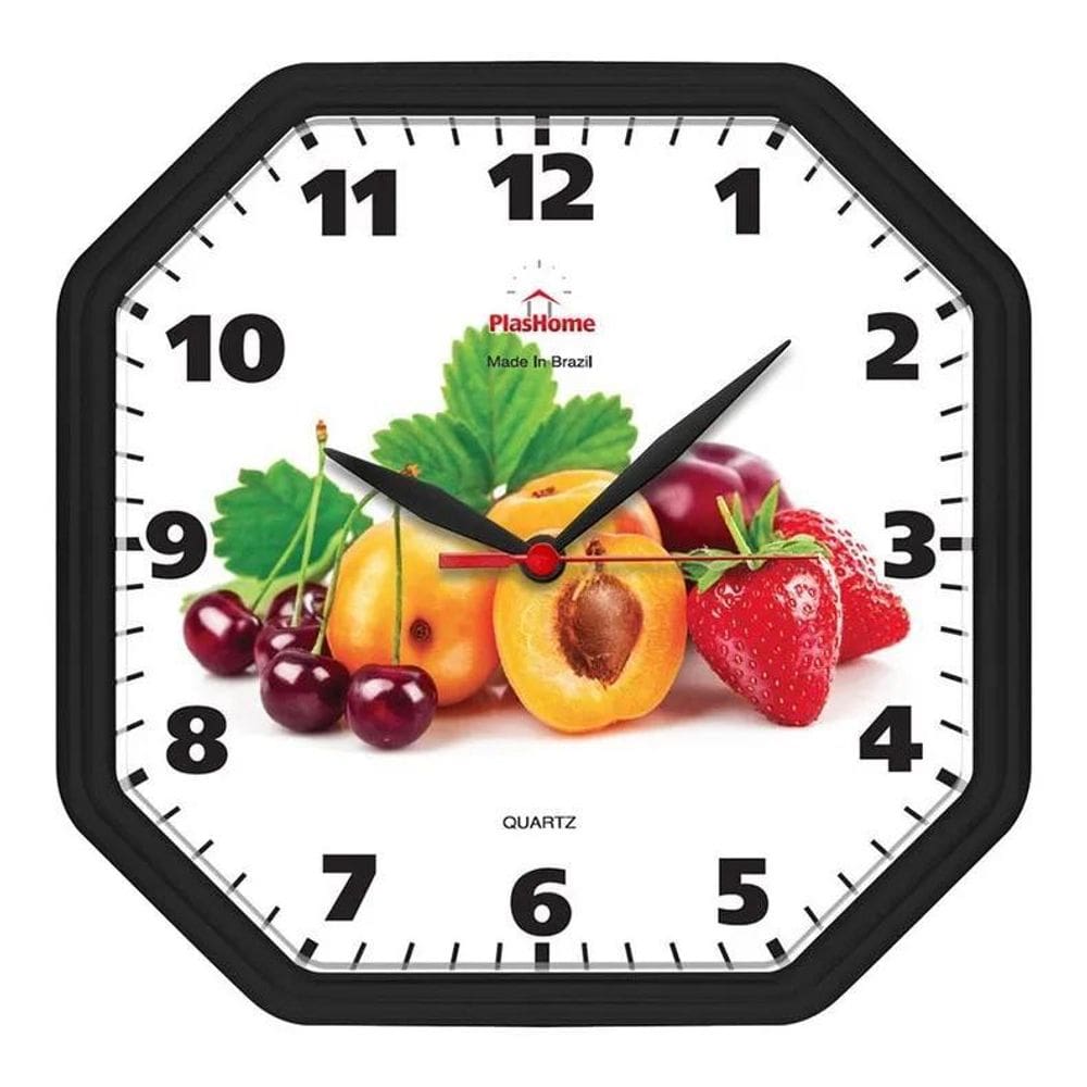 Relógio De Parede Para Cozinha Oitavado Frutas Preto
