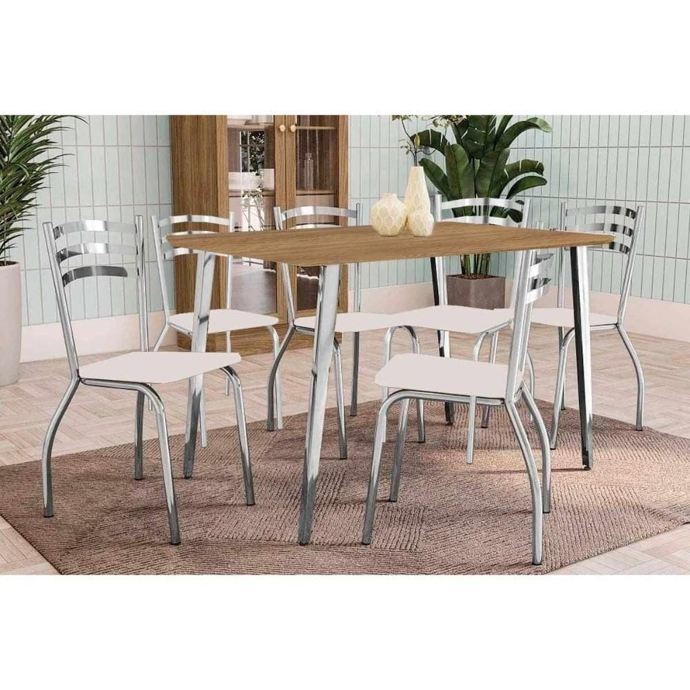 Conjunto: Mesa Sala Jantar Iguaçu C- Tampo De Madeira + 6 Cadeiras Portugal Cromada-branco 106 - Kappesberg