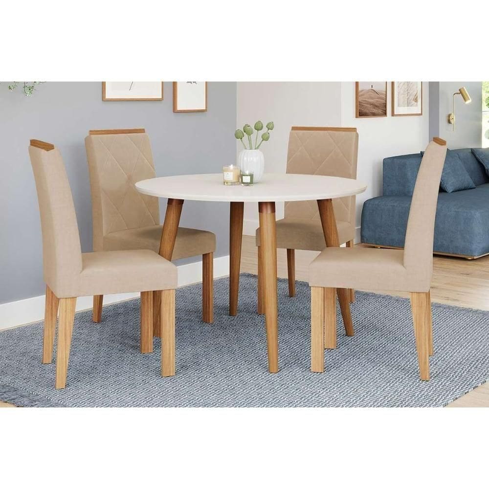 Conjunto: Mesa Sala Jantar Dani Tampo Madeirado 110cm E 4 Cadeiras Fernanda Madeirado-off White - Nature-madeirado-suede N - Cimol
