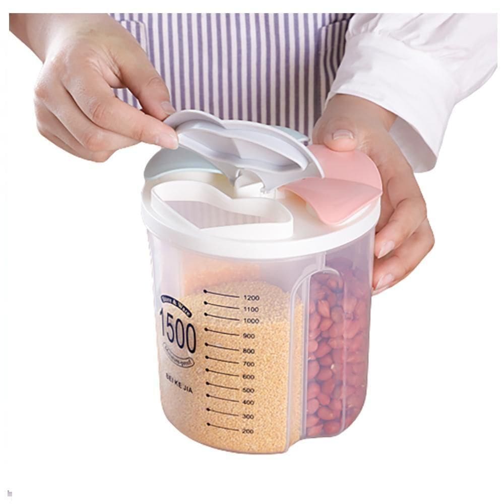 Porta Mantimentos Triplo Pote Alimentos 3 Em 1 Divisórias Dispenser Lavanderia Sabão Em Pó Medidor Sucrilhos Grãos