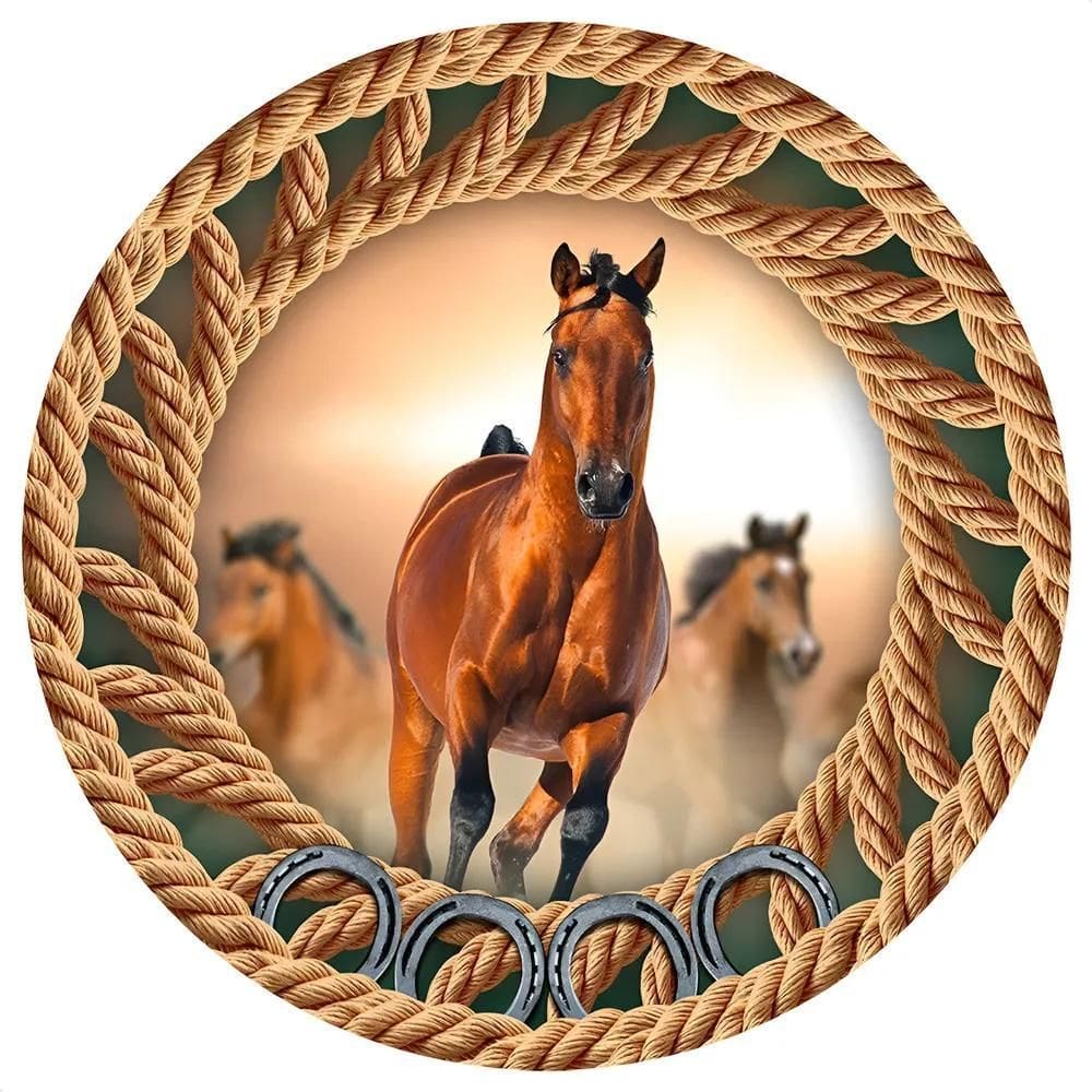 Painel Redondo Sublimado 3D Cavalos Em Tecido - 1,5 Cavalo