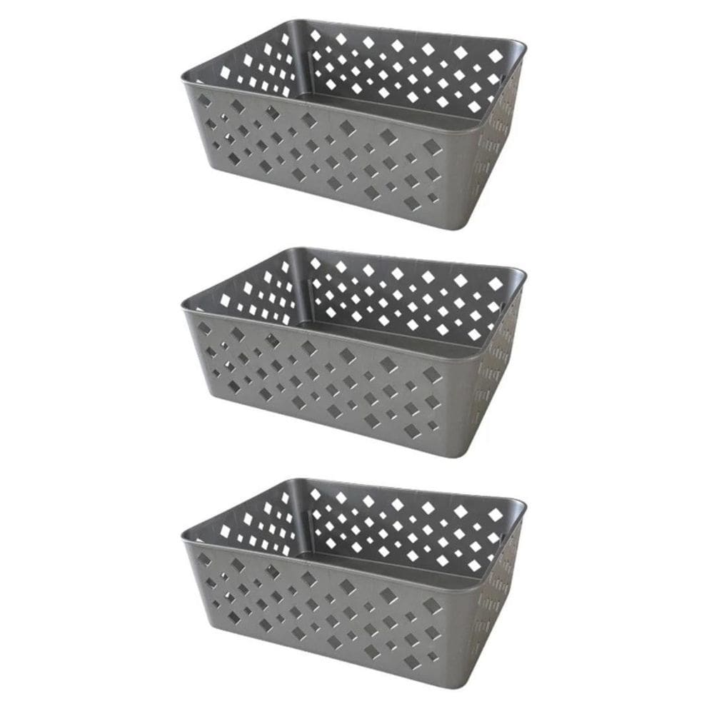 Kit 3 Cestos Organizadores Cinza Multiuso Médio Empilhável