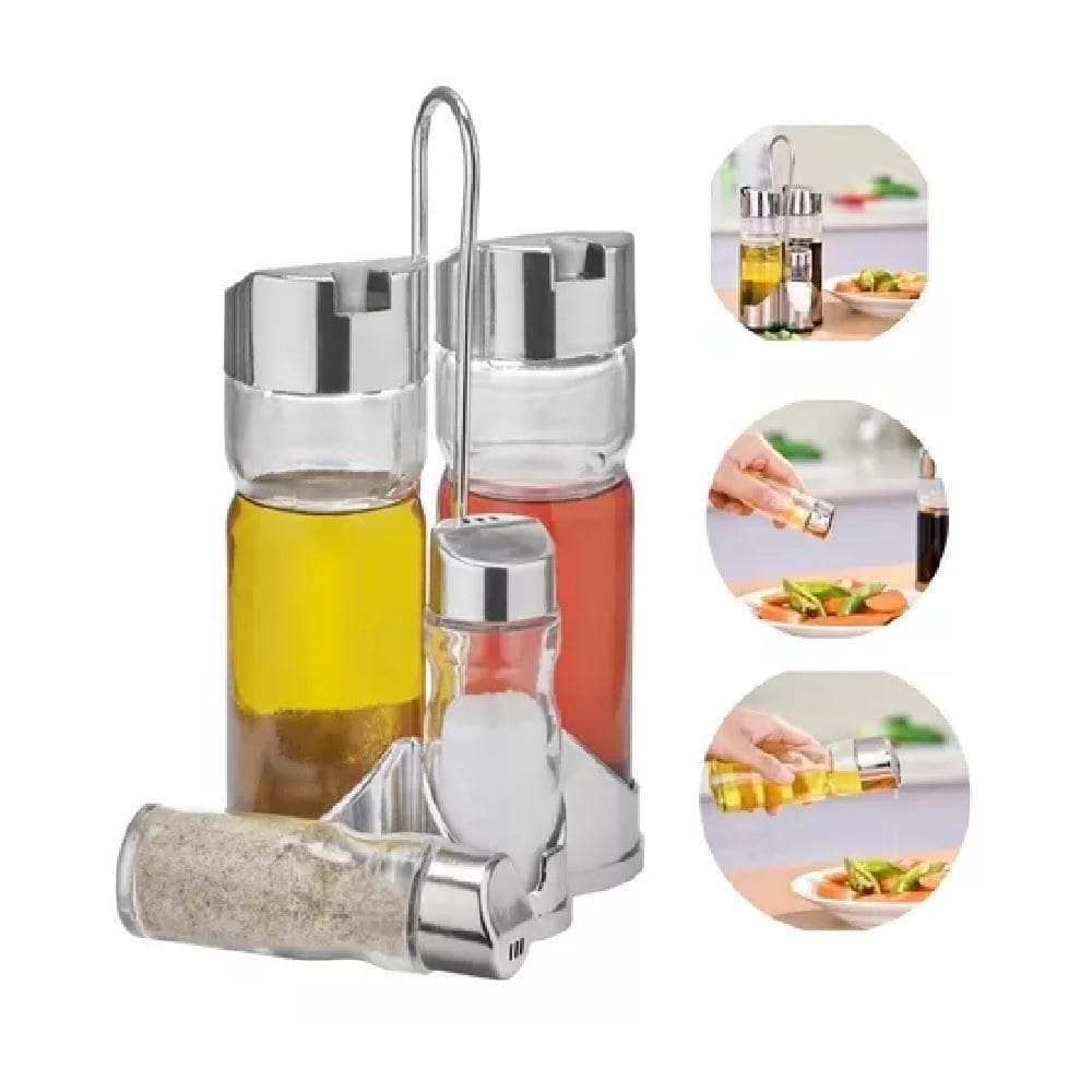 Galheteiro Vidro De Mesa 5 Peças Suporte Kit Azeite Vinagre Sal Tempero Cozinha Bar Restaurante Portátil Cromado