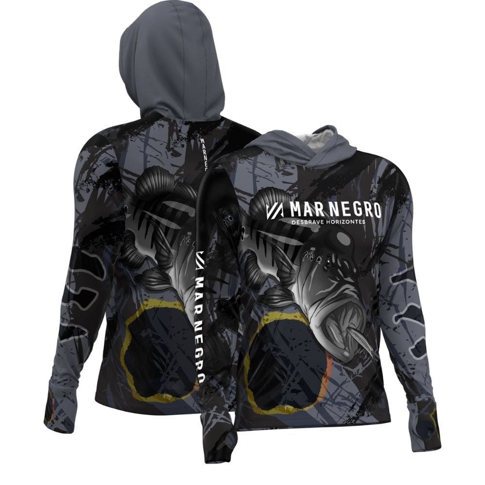 Camiseta de pesca manga longa com capuz Mar Negro Sublimada Tucunaré Ocelo