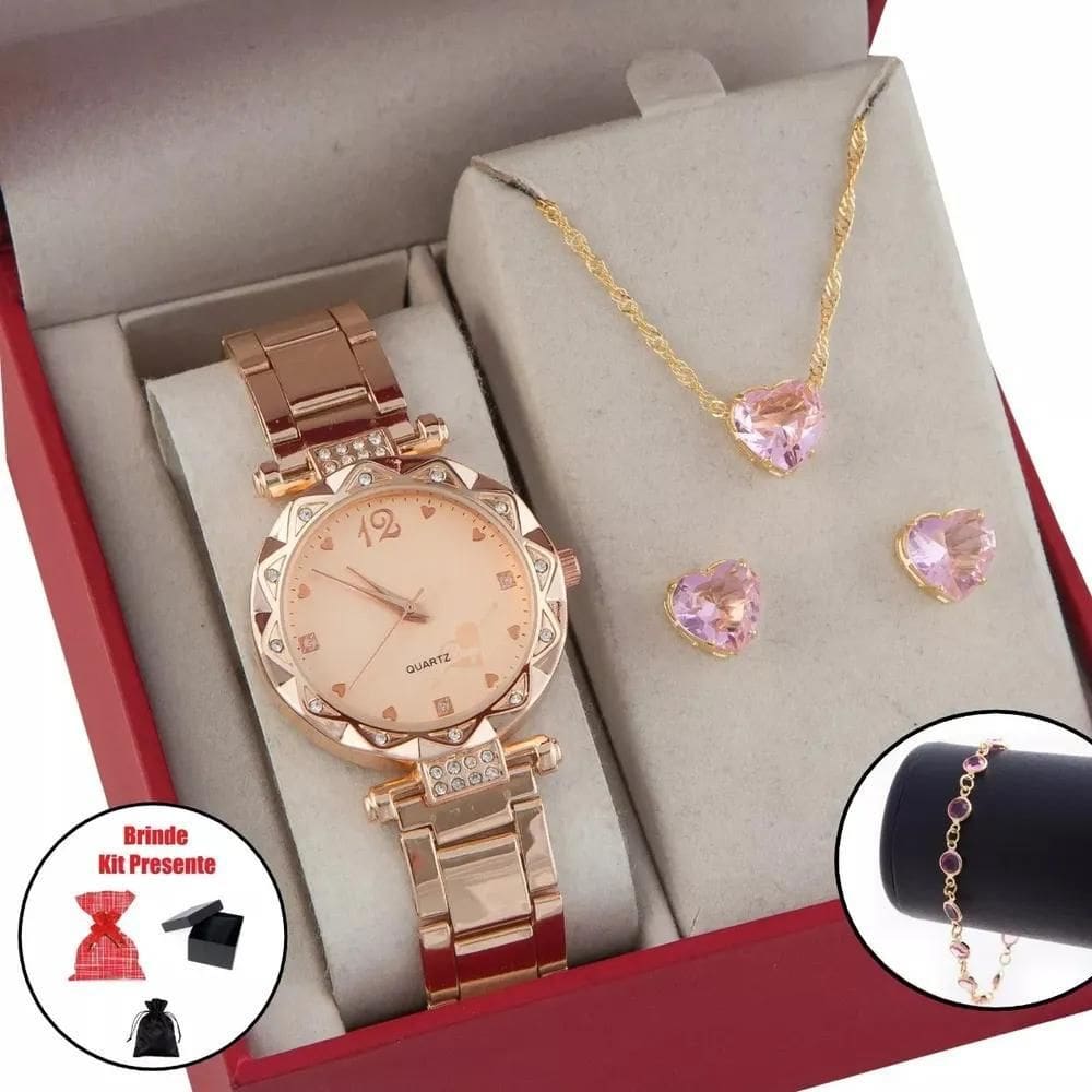 Relógio Feminino+ Kit Colar Pingente Brincos Folhead Rose-Ro
