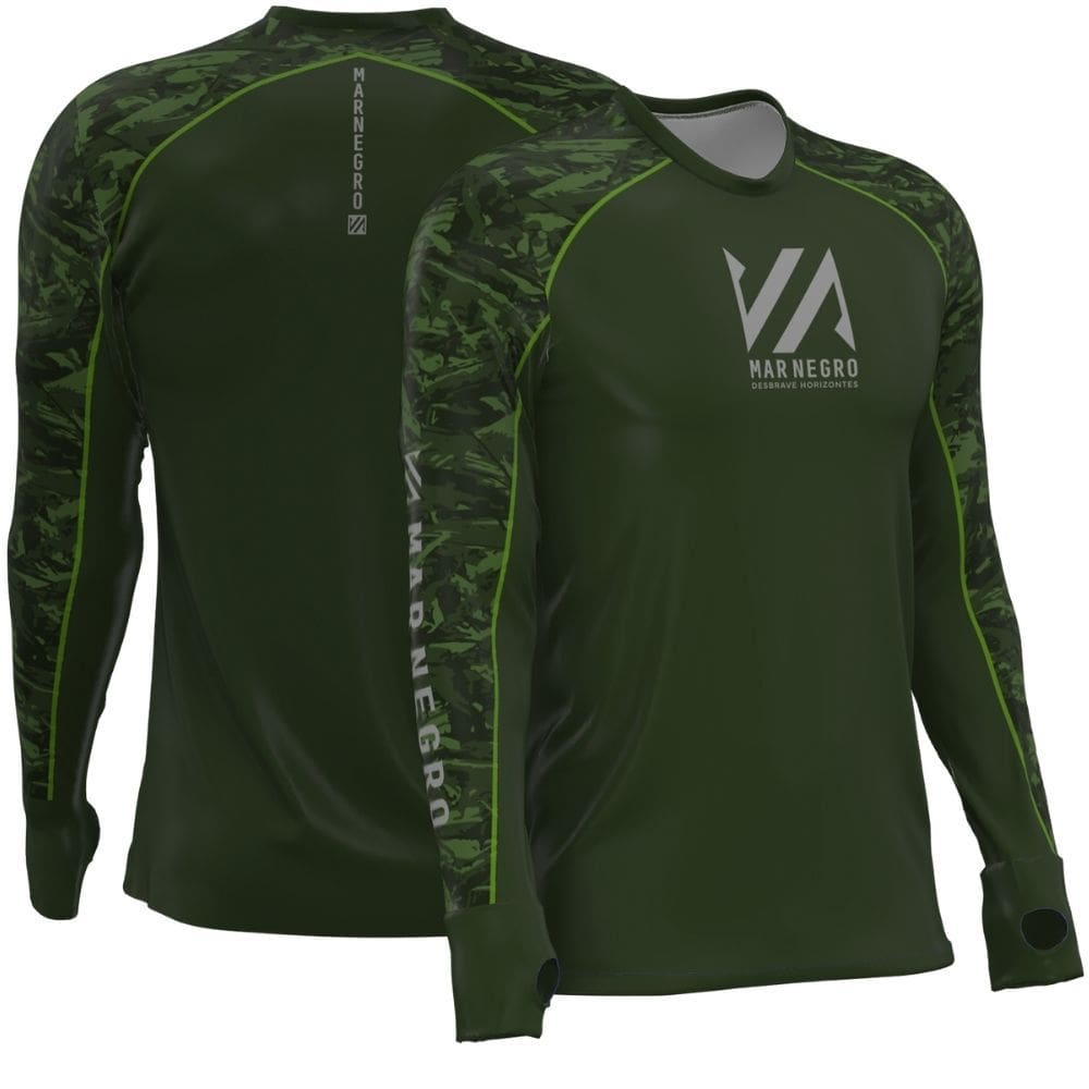 Camiseta para Pesca Masculina Premium Flex Mar Negro Camo Green Proteção UV50+