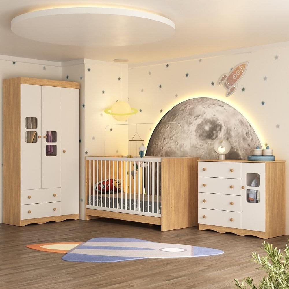 Quarto de Bebê Completo com Berço 3 em 1 para Colchão 130x60cm Serena Multimóveis MP4527