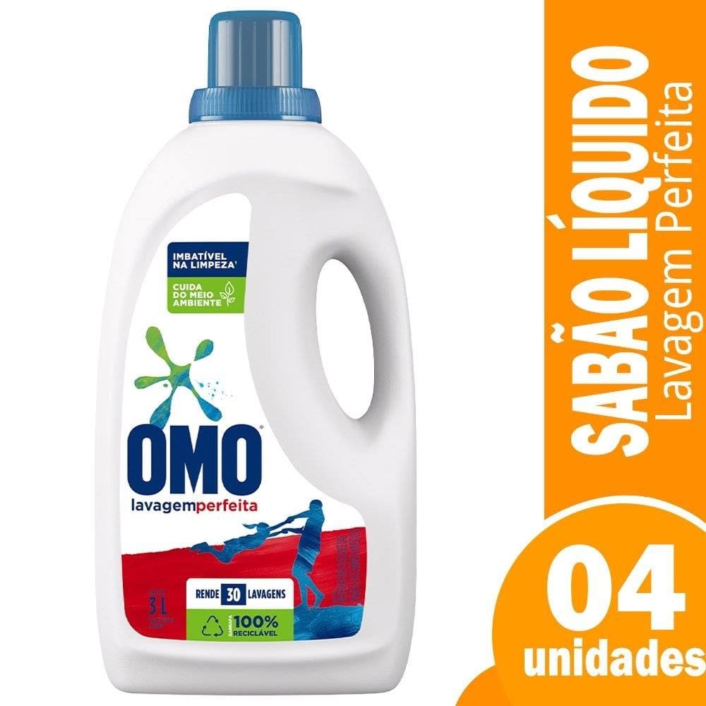 Sabão Líquido Omo Lava Roupa Lavagem Perfeita 3L - Embalagem com 4 Unidades
