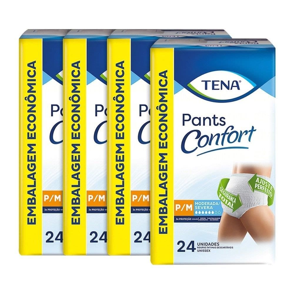Fralda Descartável Tena Adulto Confort Pants Tamanho P/M - 4 Pacotes com 24 Fraldas - Total 96 Tiras