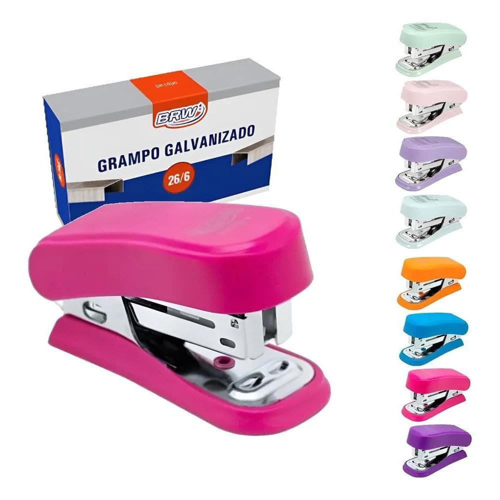 Kit Mini Grampeador Até 20 Folhas + 1.000 Grampos Rosa Neon