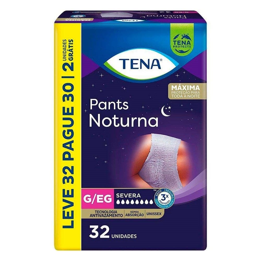 Fralda Descartável Adulto Tena Pants Noturna Tamanho G/EG - 3 Pacotes com 32 Fraldas - Total 96 Tiras (Leve 32 Pague 30)