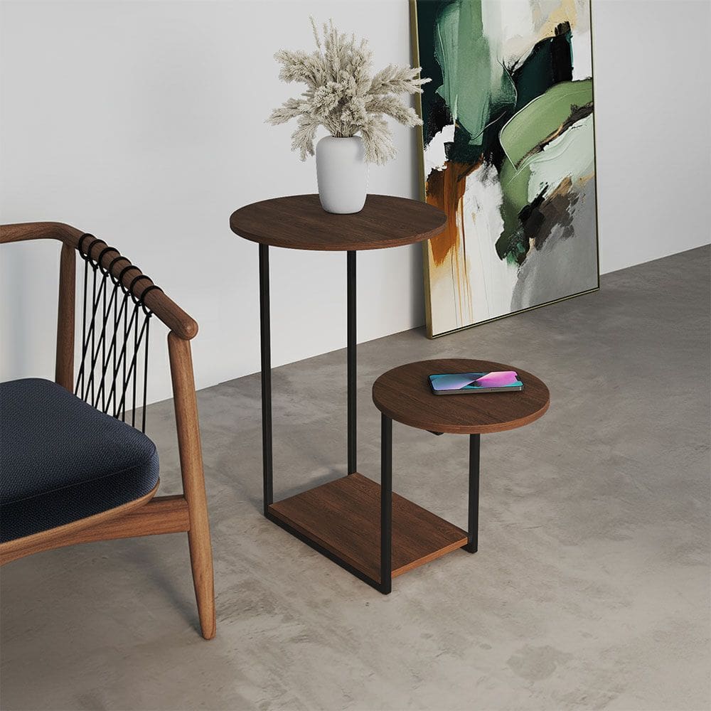 Mesal Lateral Cibele Tampo Redondo Ferro Preto Tampo Amêndoa