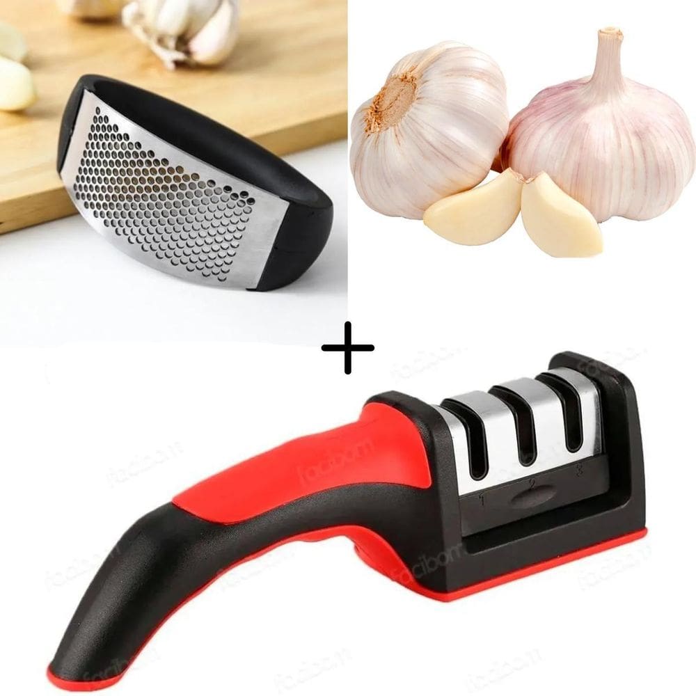 Kit Espremedor De Alho Moderno E Afiador Portátil