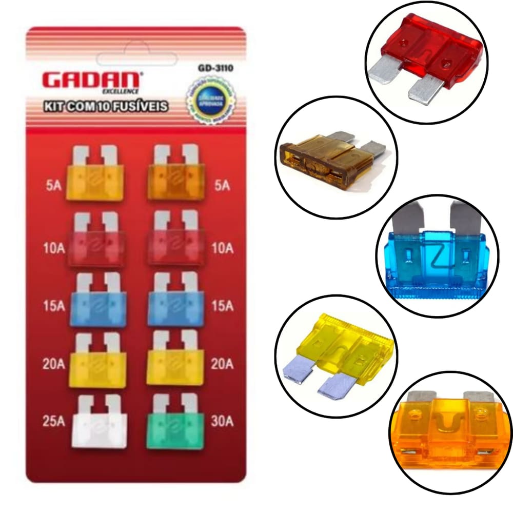 Kit de fusível para carro 10 fusíveis lamina grande automotivo vários tamanhos cartela
