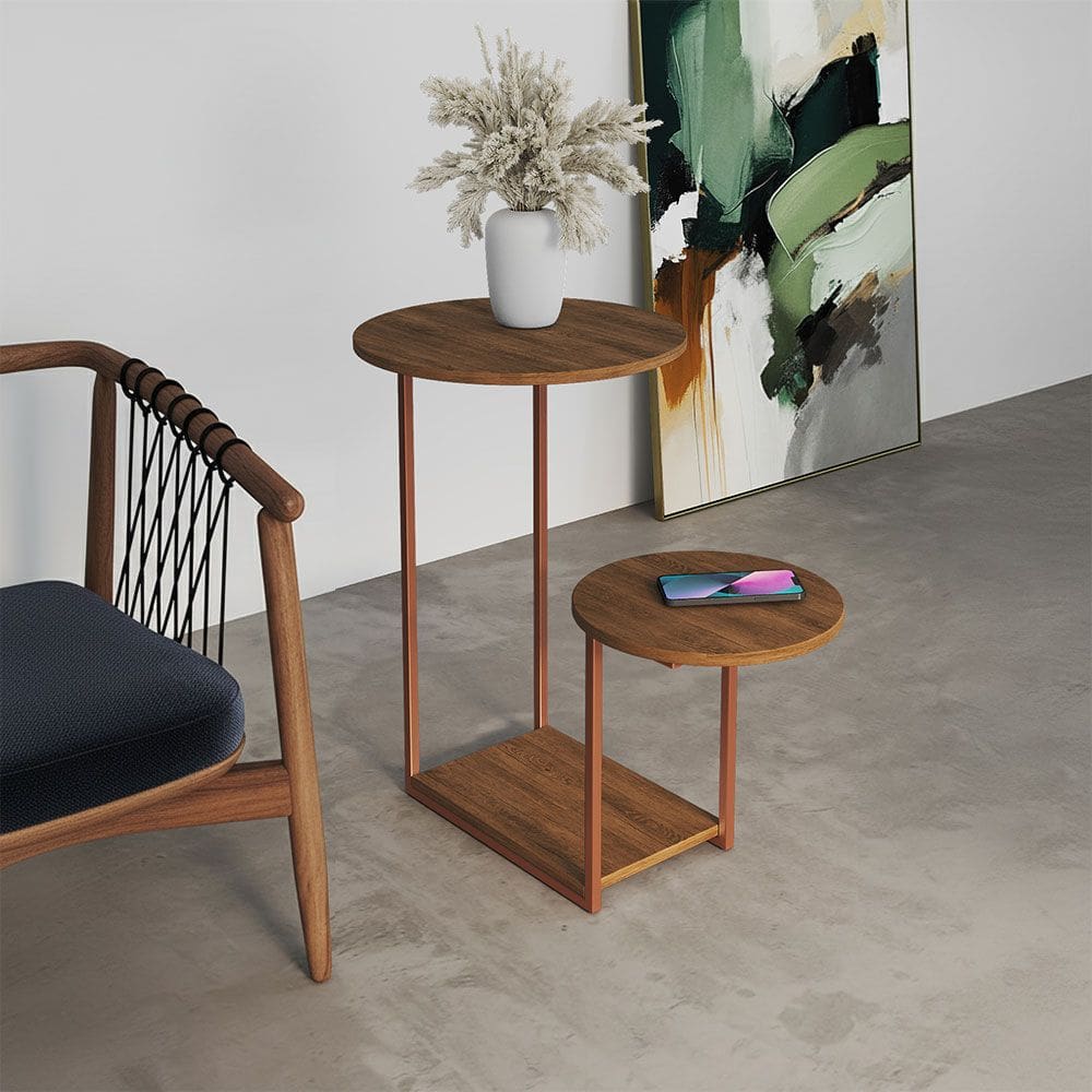 Mesal Lateral Cibele Tampo Redondo Ferro Cobre Tampo Freijó