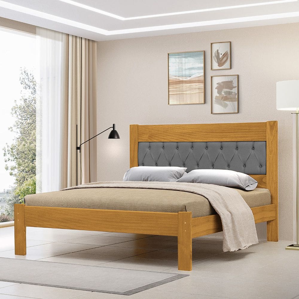 Cama de Casal Viena com Cabeceira Captonê Veludo Cinza Madeira Imbuia
