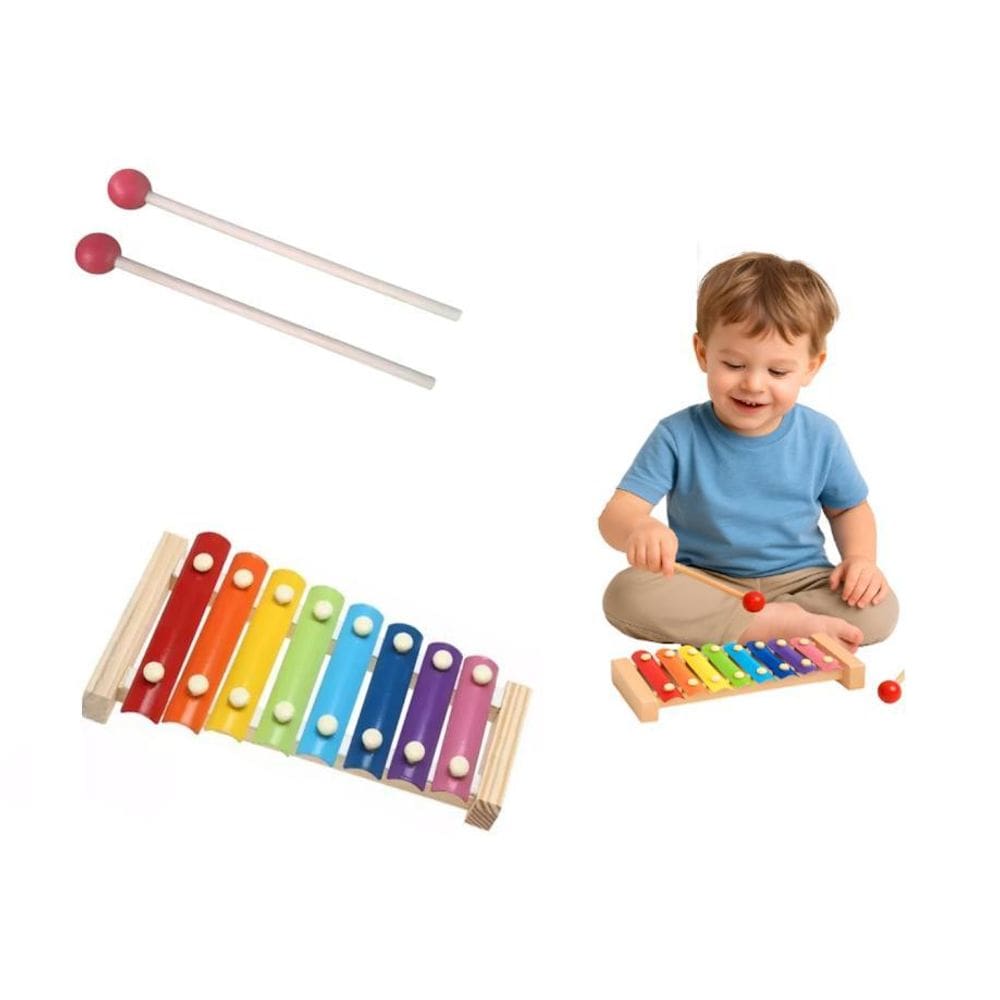 Brinquedo Montessori Xilofone Madeira 8 Notas Com 2 Baqueta