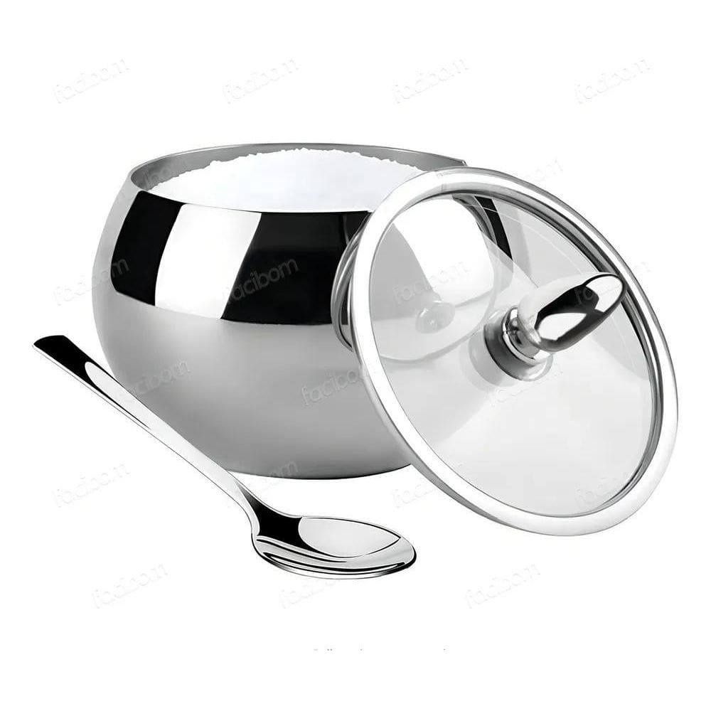 10X Açucareiro Em Aço Inox Com Tampa De Vidro E Colher Qual