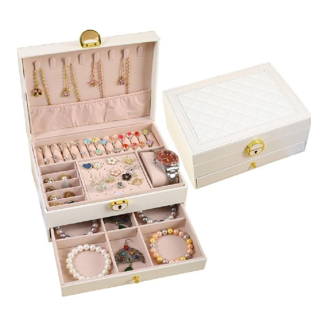 Maleta Organizador De Joias Com Gaveta Portatil 2 Andares Para Brincos Aneis Relogio Viagem Luxo Branco