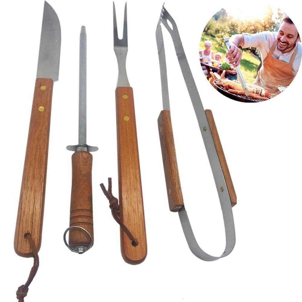 Kit Para Churrasco 4 Peças Com Faca Espeto E Garfo Inox