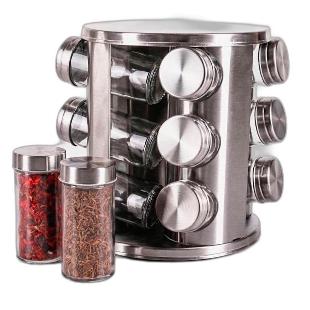 Porta Condimento Giratório Temperos Vidro Tampa Inox Cozinha