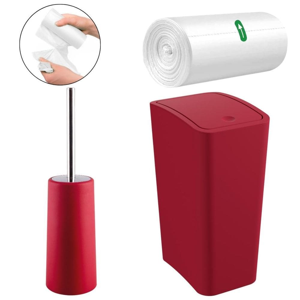 Lixeira 8L Tampa Click Vermeha + Escova Sanitária + 70 Sacos