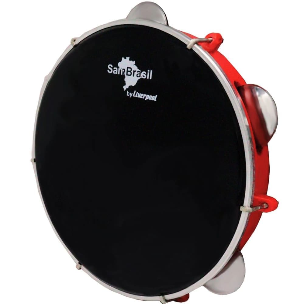 Pandeiro 10`` Premium Pele Preta Sambrasil Liverpool Vermelho