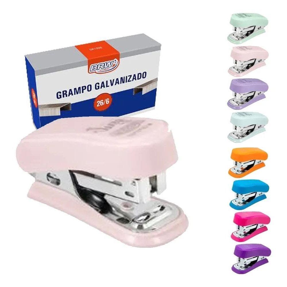 Kit Mini Grampeador Até 20 Folhas + 1.000 Grampo Rosa Pastel