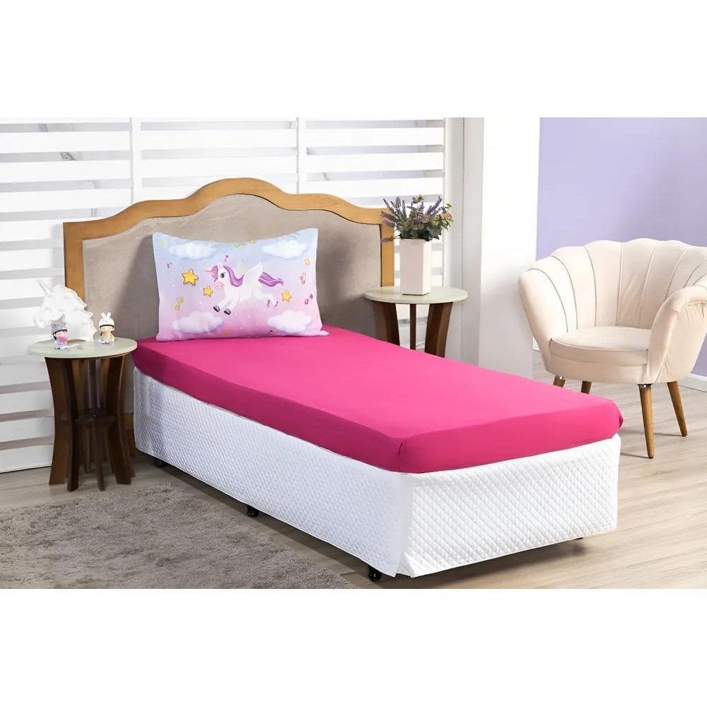 Lençol Com Elástico+Fronha Solteiro Persona Azul Unicórnio