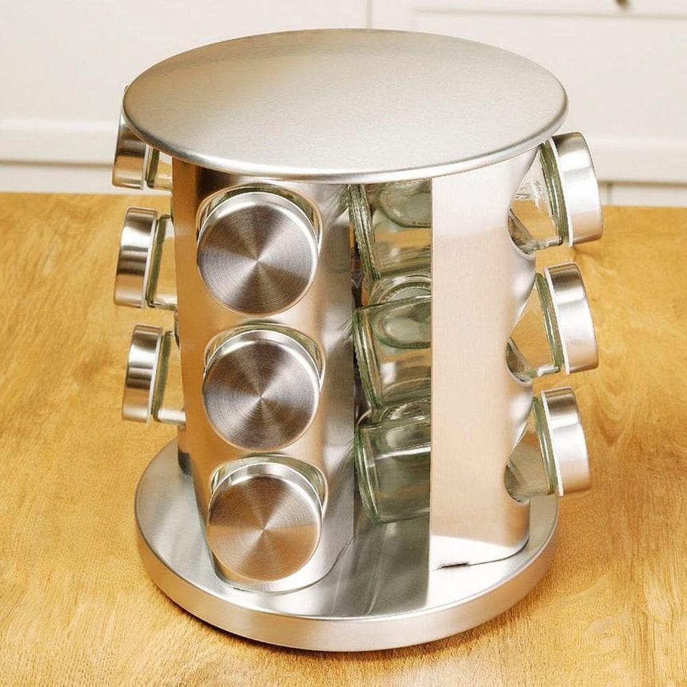 Organizador De Temperos Porta Condimento Giratório Vidro Com Tampa Inox