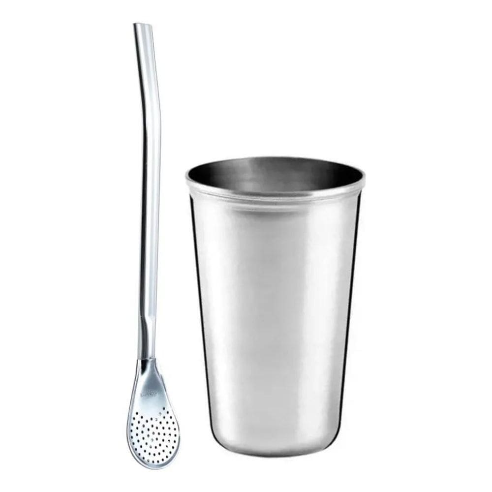 3X Kit 1 Cuia Copo Inox 200Ml 1 Bomba Lisa Prática Erva Tere