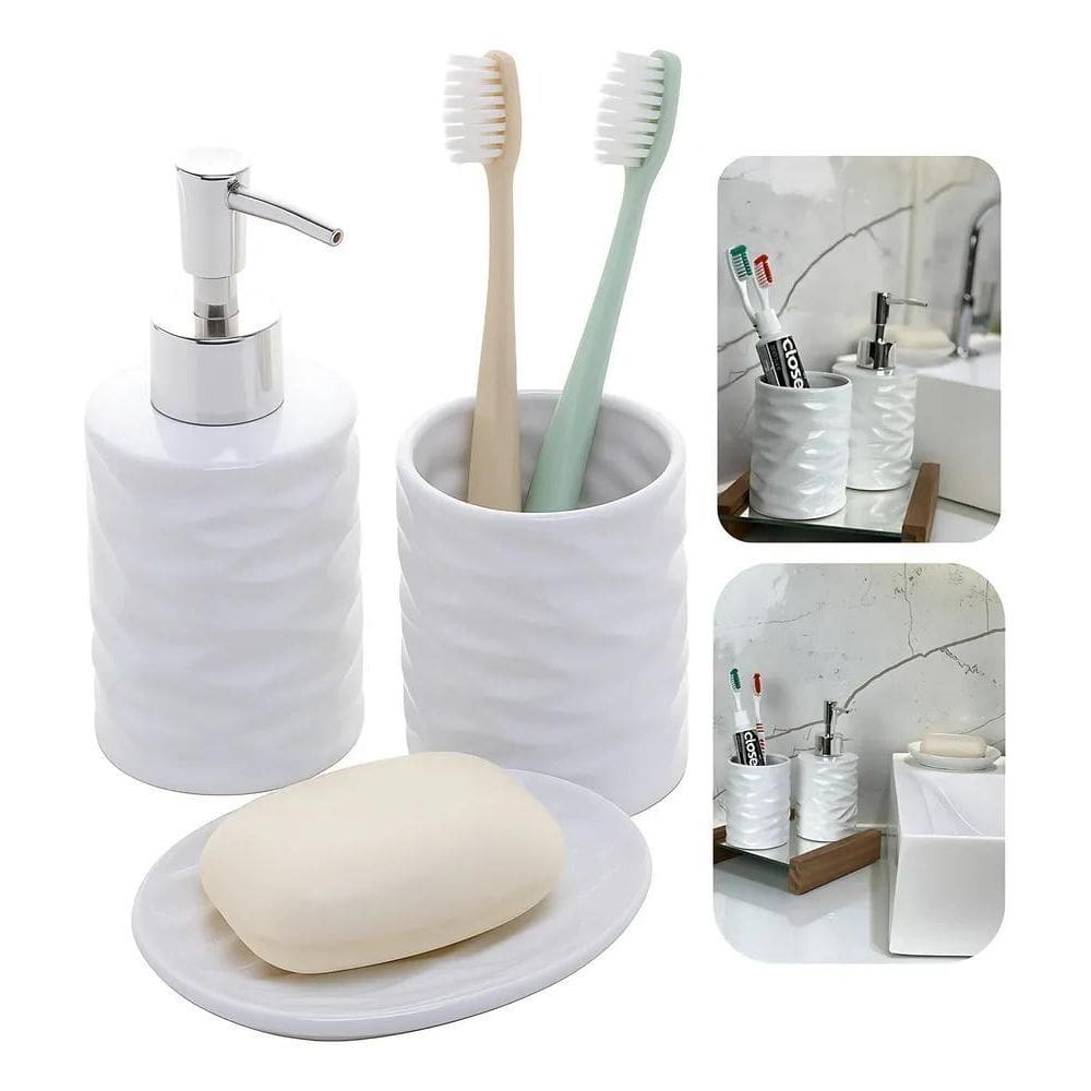 Kit Lavabo Banheiro Pia 3 Pçs De Ceramica Luxo Branco Lyor