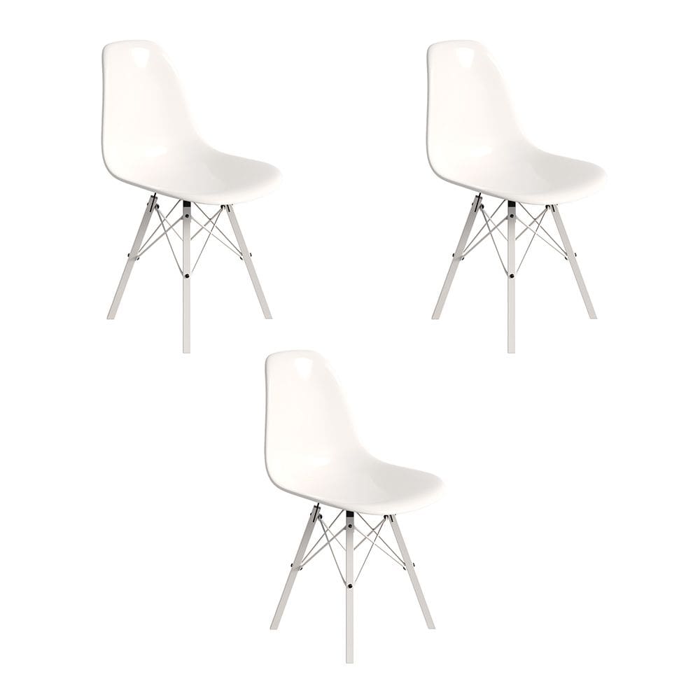 Conjunto 3 Cadeiras Eames Design Moderno Tubo de Ferro Branco Assento Branco
