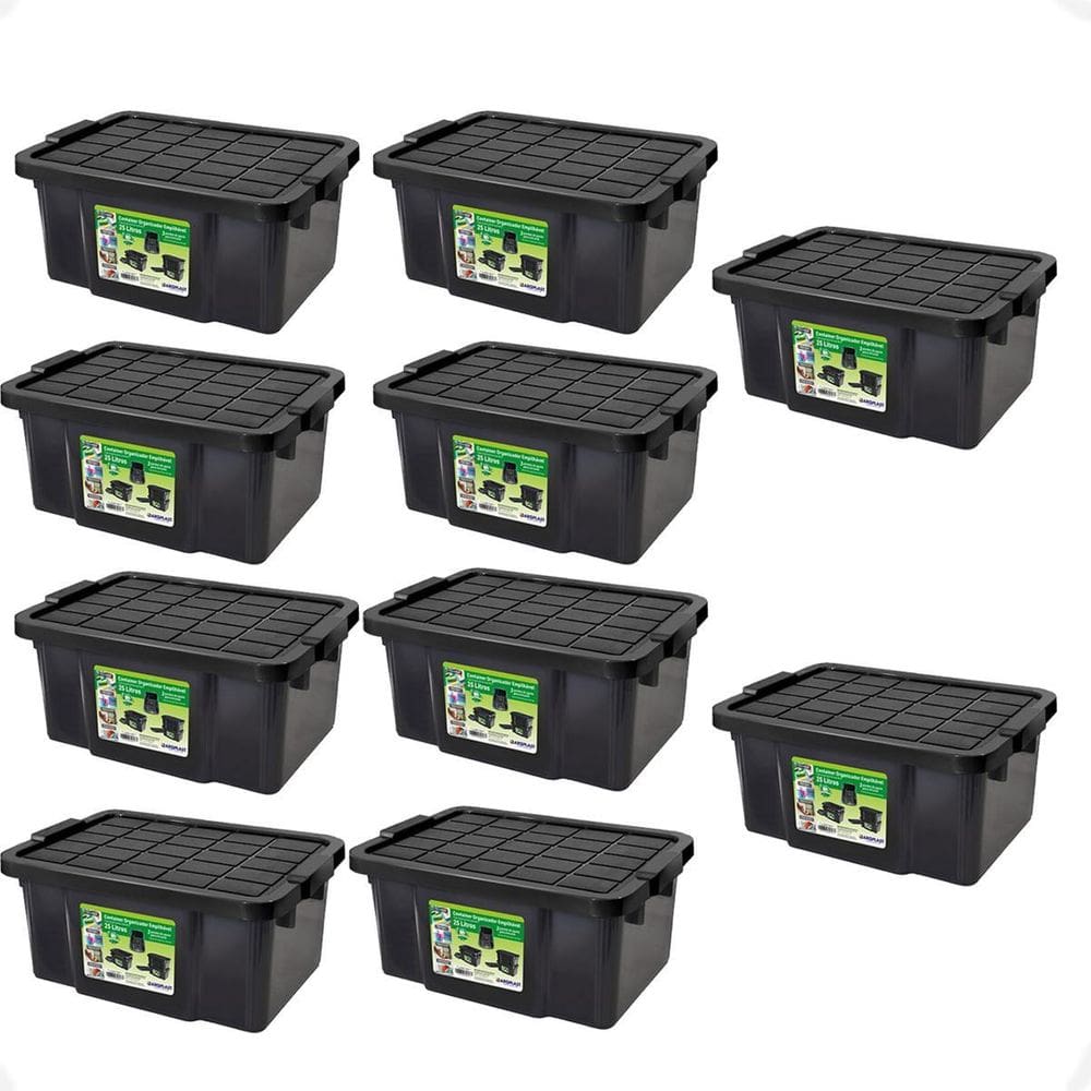 10 Caixa Organizadora Multiuso Preta 15L Empilhável Tampa
