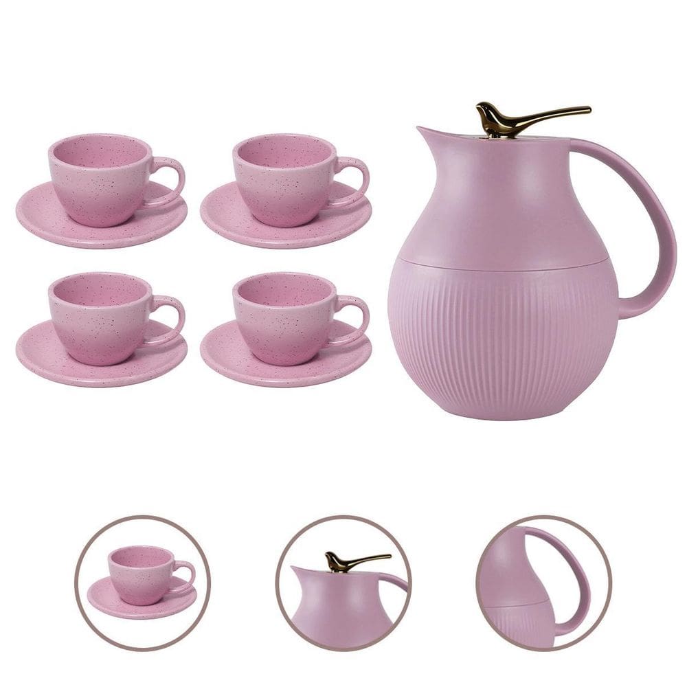 Kit Garrafa Térmica Café 1L Rosa E 4 Xícaras Cerâmica 210Ml