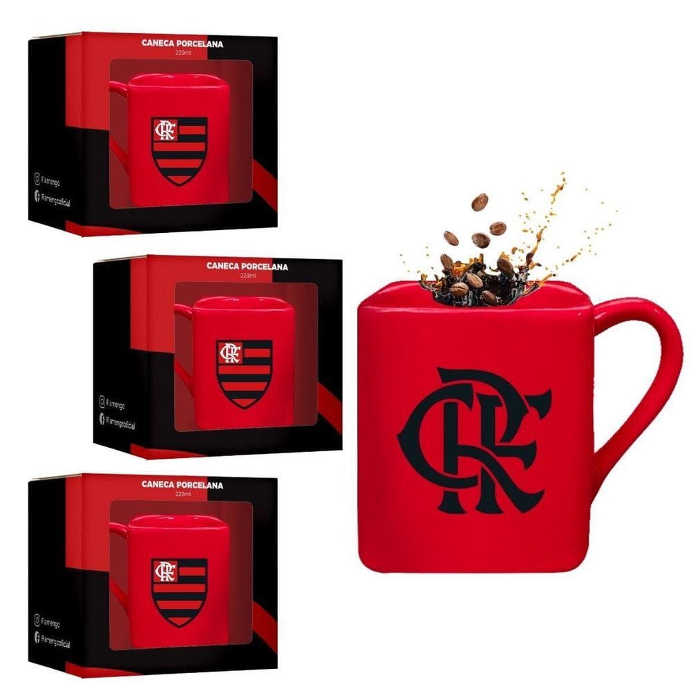 Kit 3Un Canecas Porcelana Premium Xícara Vermelha Quadrada