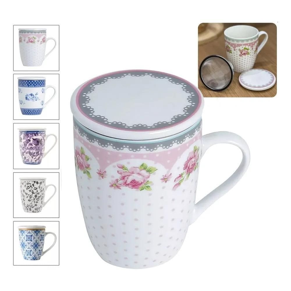 Caneca De Cerâmica P/Chá Tampa E Infusor Super White 310 Ml