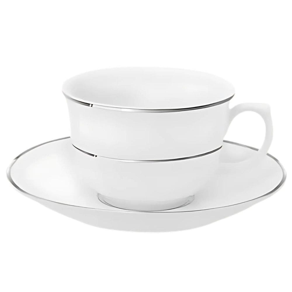 Xicara Café Com Pires 240Ml Porcelana Borda Prata Diamond