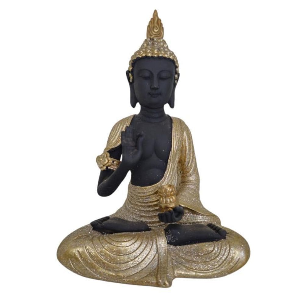 Escultura Buda Sidarta Gautama Preto E Dourado 20 Cm