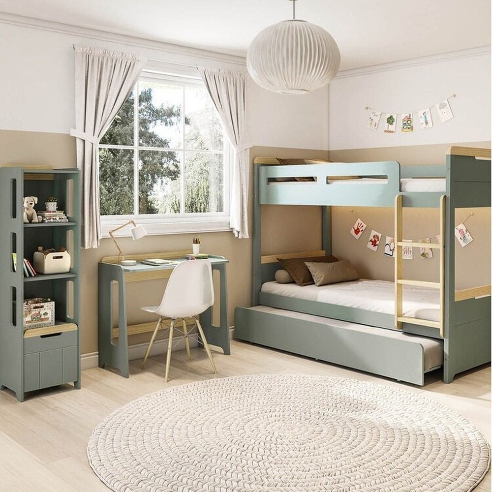 Conjunto Quarto Completo Treliche com LED, Escrivaninha e Estante Petit Casatema MadeiraOriginals Verde/Mel