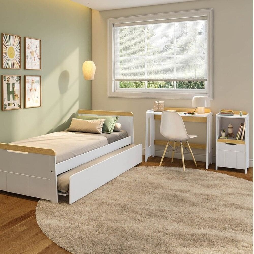 Conjunto Quarto Completo Bicama com LED, Escrivaninha e Estante Petit Casatema MadeiraOriginals Branco/Mel